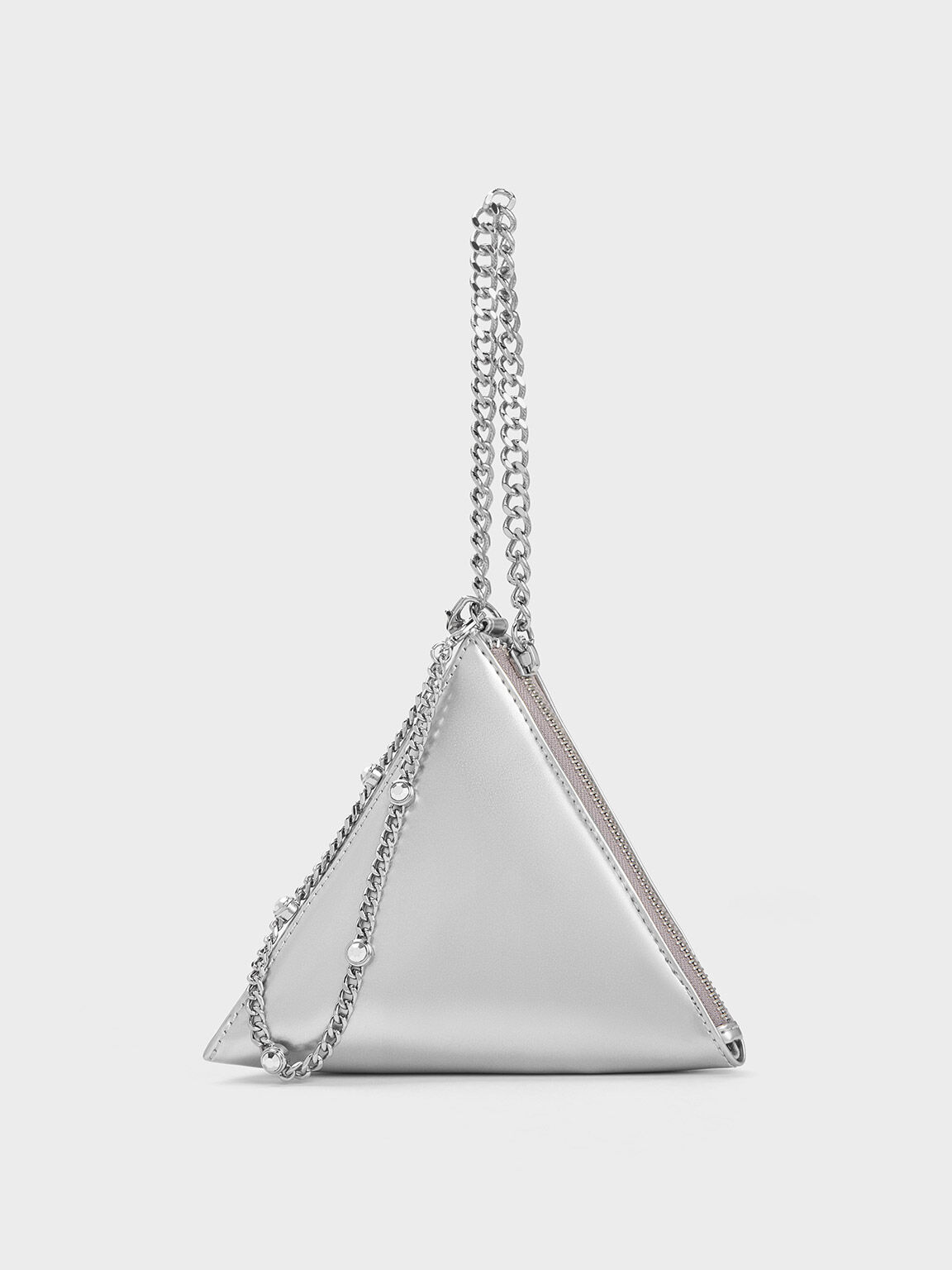 Chain Handle Pyramid Clutch, Silver, hi-res
