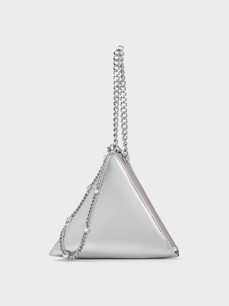 Hera Metallic Pyramid Clutch, Silver, hi-res