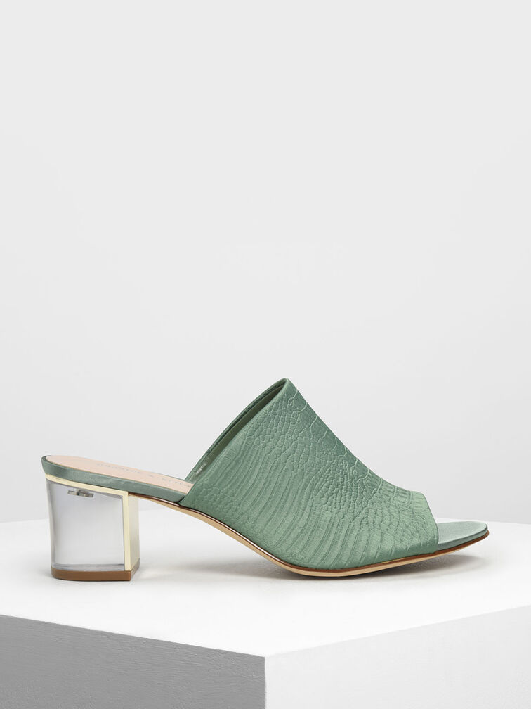 Embossed Fabric Heeled Slide Sandals, Green, hi-res