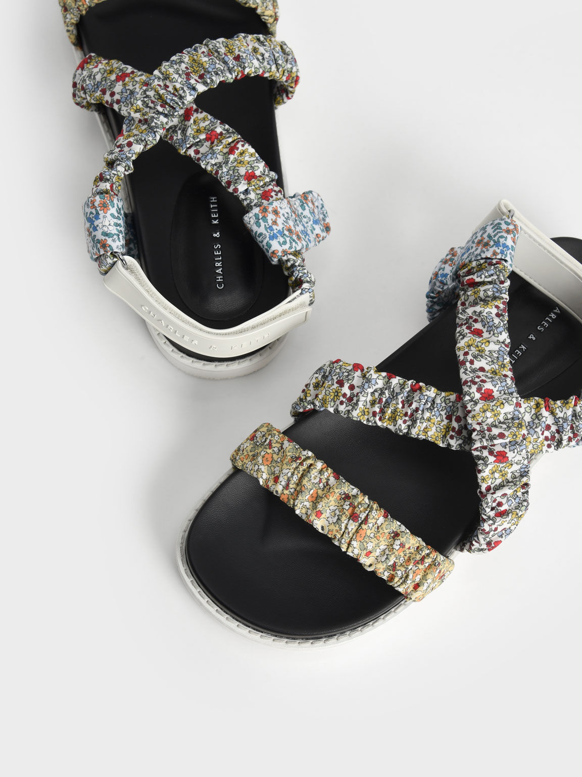 Printed Fabric Ruched Crossover Sandals, Multi, hi-res