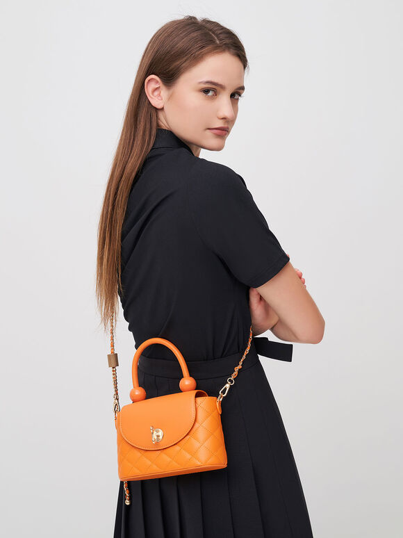 Round Quilted Top Handle Bag, Orange, hi-res