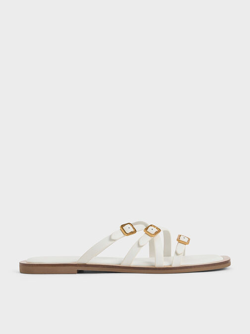 Strappy Buckled Slide Sandals, White, hi-res