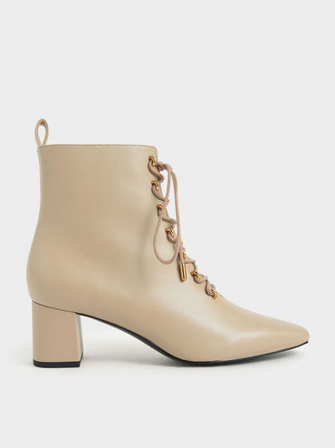 Metallic Lace-Up Ankle Boots, Beige, hi-res