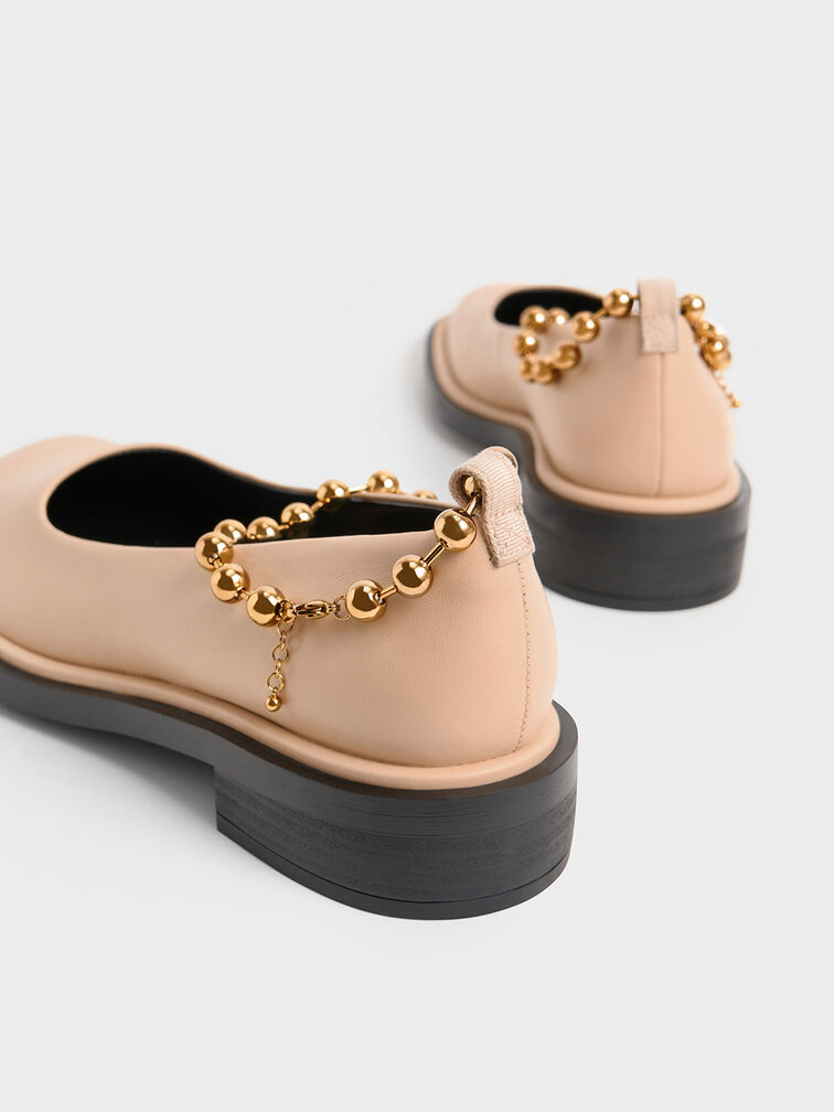 Beaded Ankle-Strap Leather Ballerinas, Sand, hi-res