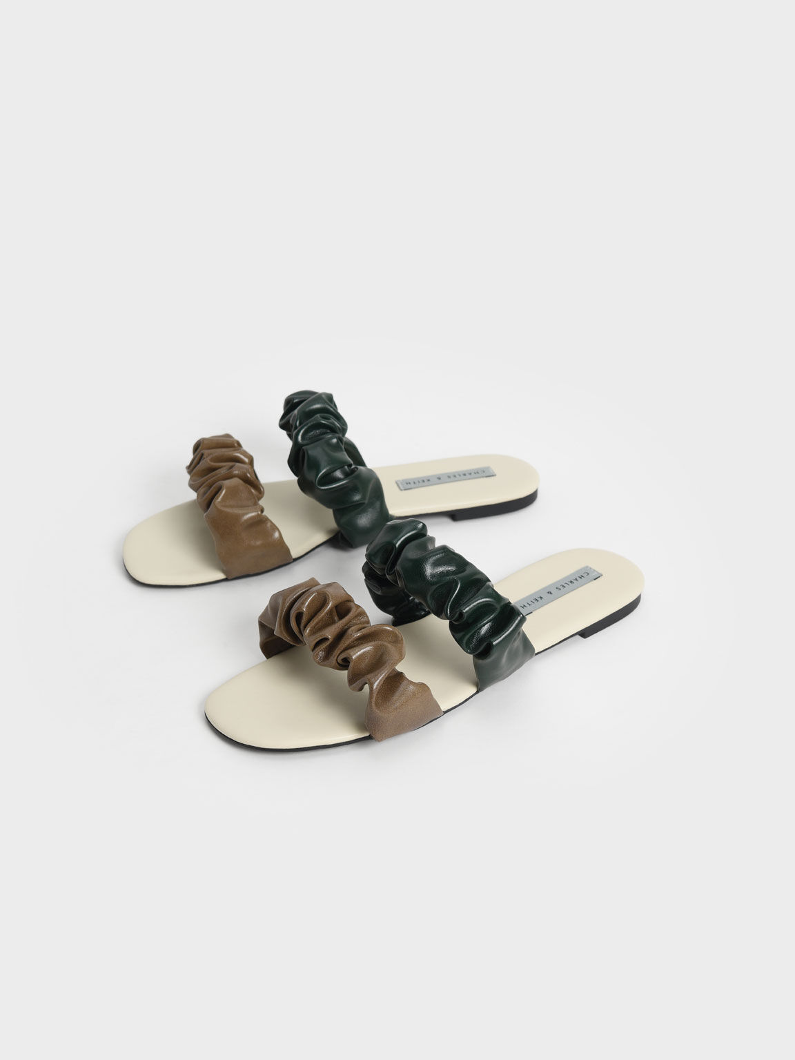 Ruched Strap Slide Sandals, Olive, hi-res