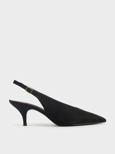 Textured Pointed Toe Slingback Court Shoes, Black Textured, hi-res