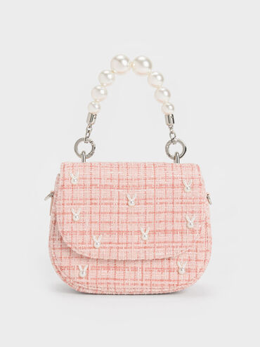 Bunny Tweed Beaded Handle Bag, Pink, hi-res