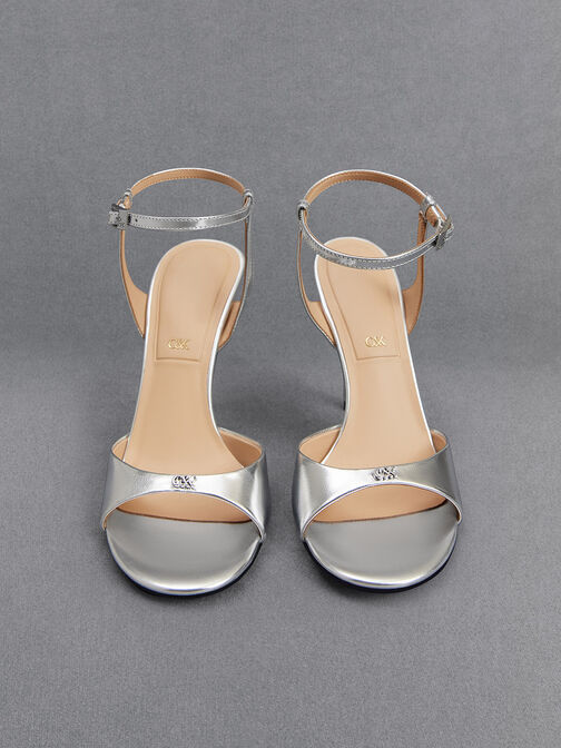Metallic Leather Ankle-Strap Pumps, Silver, hi-res