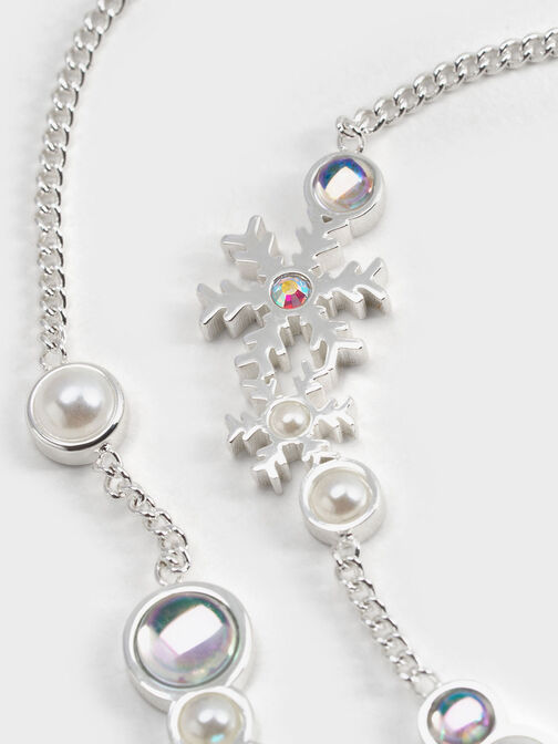 Snowflake-Motif Pearl & Crystal Double Bracelet, Silver, hi-res
