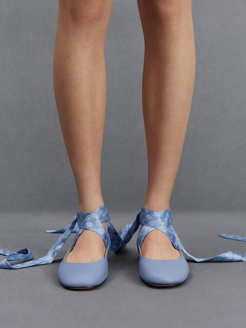 Leather Monogram Tie-Around Ballet Flats, Light Blue, hi-res