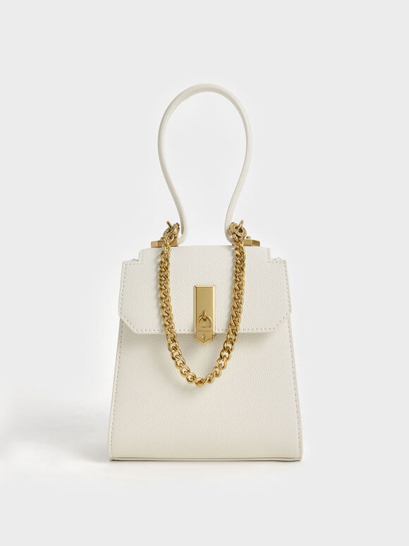 Geometric Top Handle Chain-Link Bag, Cream, hi-res