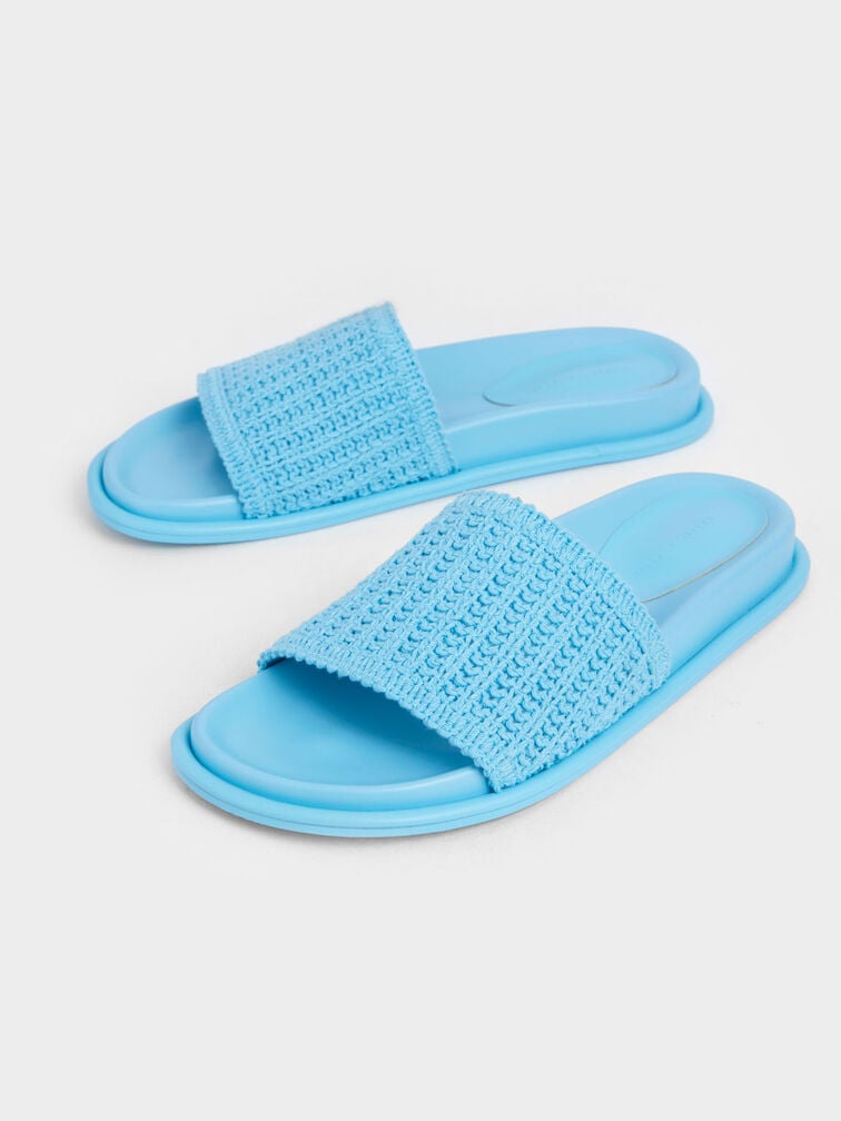 Knitted Slide Sandals, Blue, hi-res