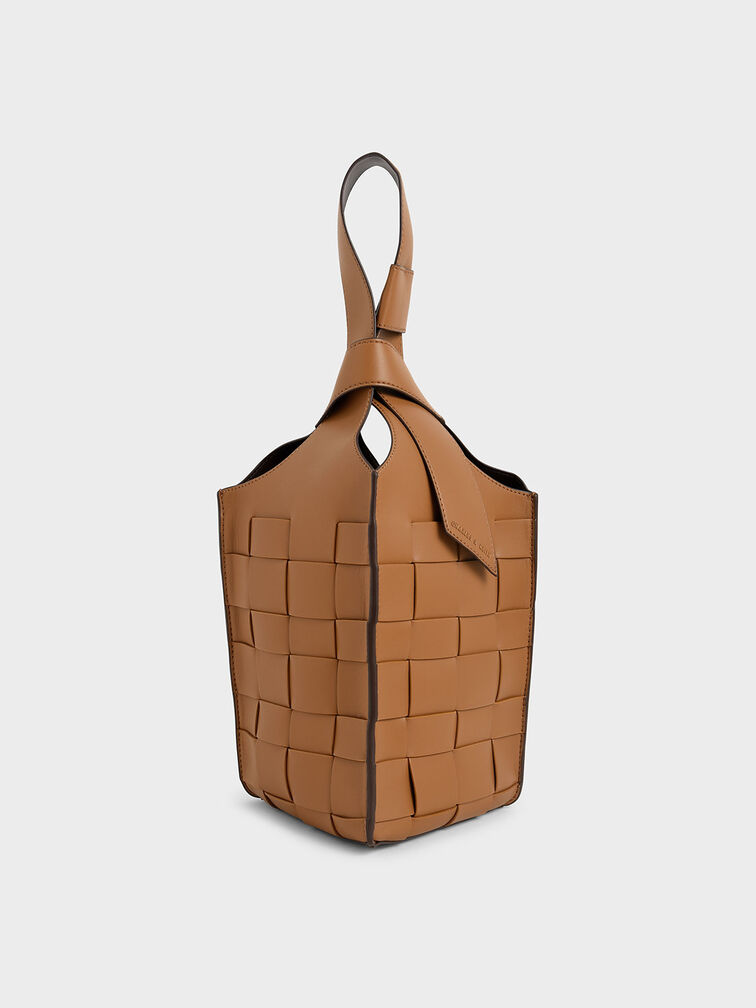 Woven Single Handle Bucket Bag, Camel, hi-res