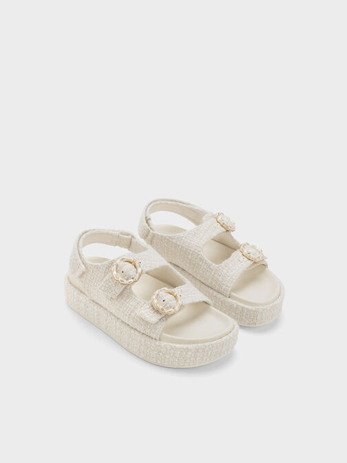 Tweed Pearl-Buckle Double Strap Sandals, Chalk, hi-res