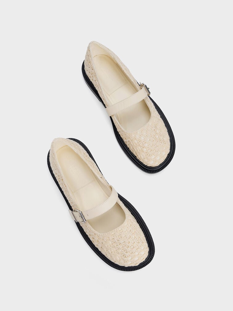 Zapatos Mary Jane de Cuero y Tejido, Blanco tiza, hi-res