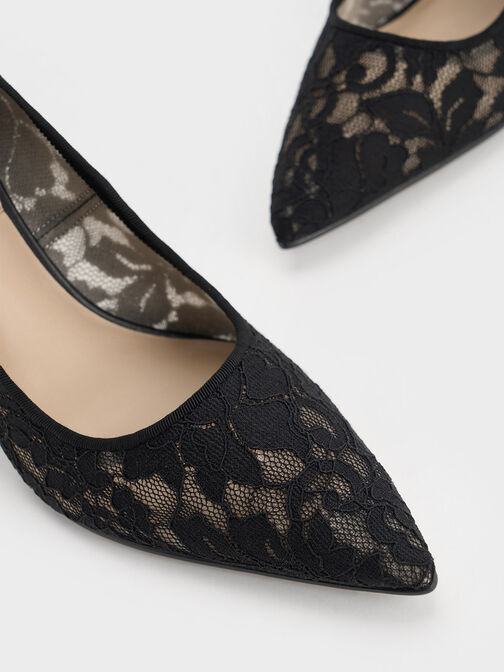 Zapatos de tacón con punta en punta de encaje y malla, Negro texturizado, hi-res