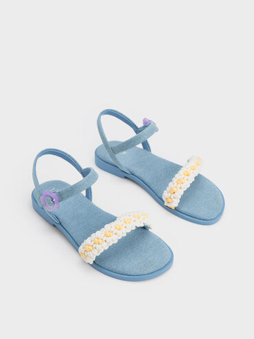 Sandales en jean avec fleurs en crochet - Enfant, Bleu Clair, hi-res
