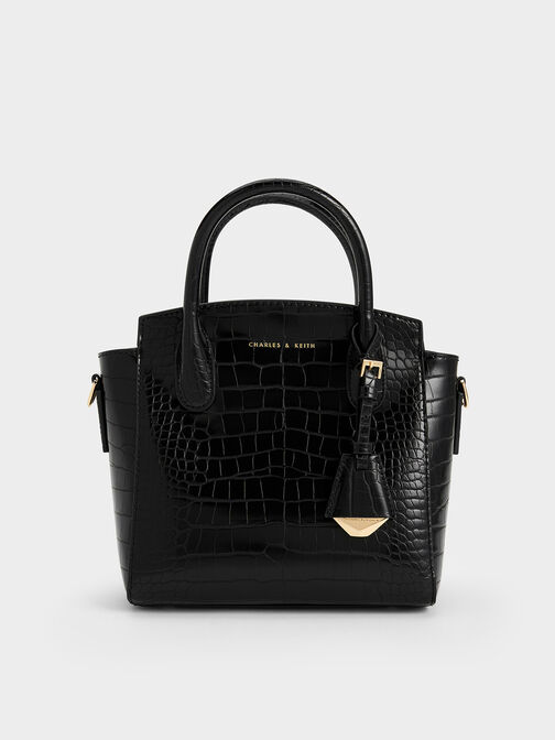 Harper Croc-Effect Structured Top Handle Bag, Black, hi-res