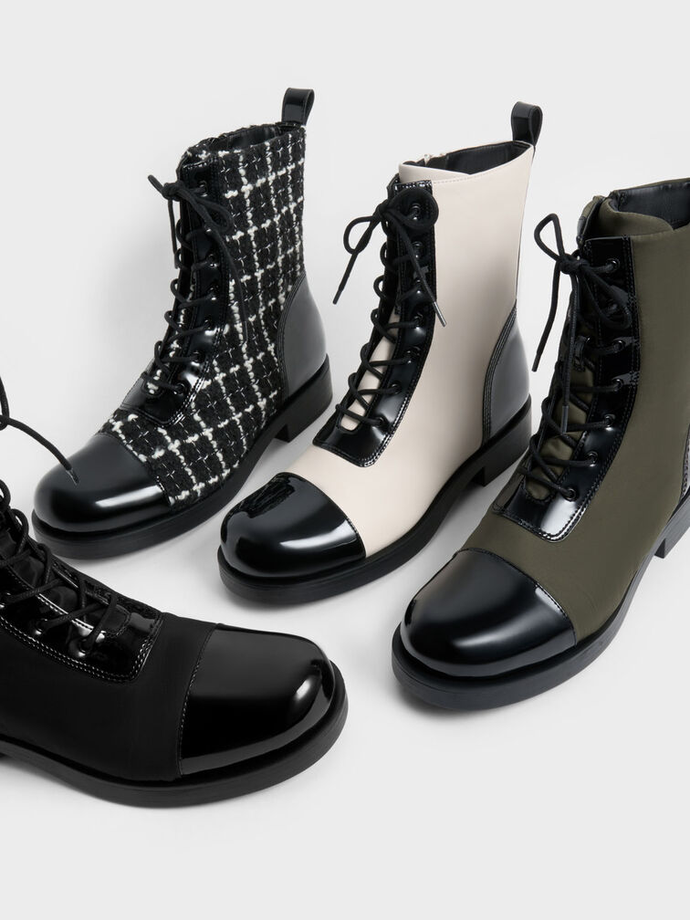 Black Textured Tweed & Patent Combat Boots - CHARLES & KEITH PT