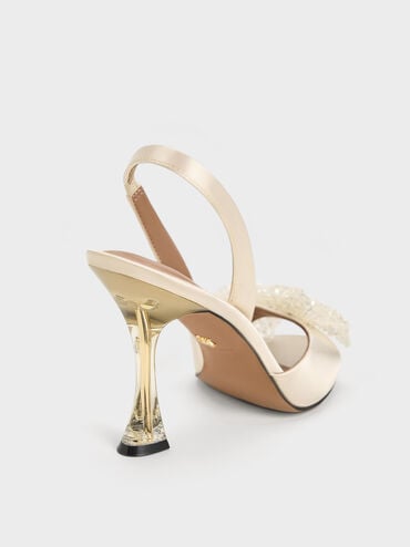 Recycled Polyester Beaded Bow Slingback Pumps, Champagne, hi-res