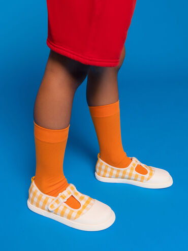 Chaussures en lin avec imprimé pied-de-poule et lanière avant - Enfant, Jaune, hi-res