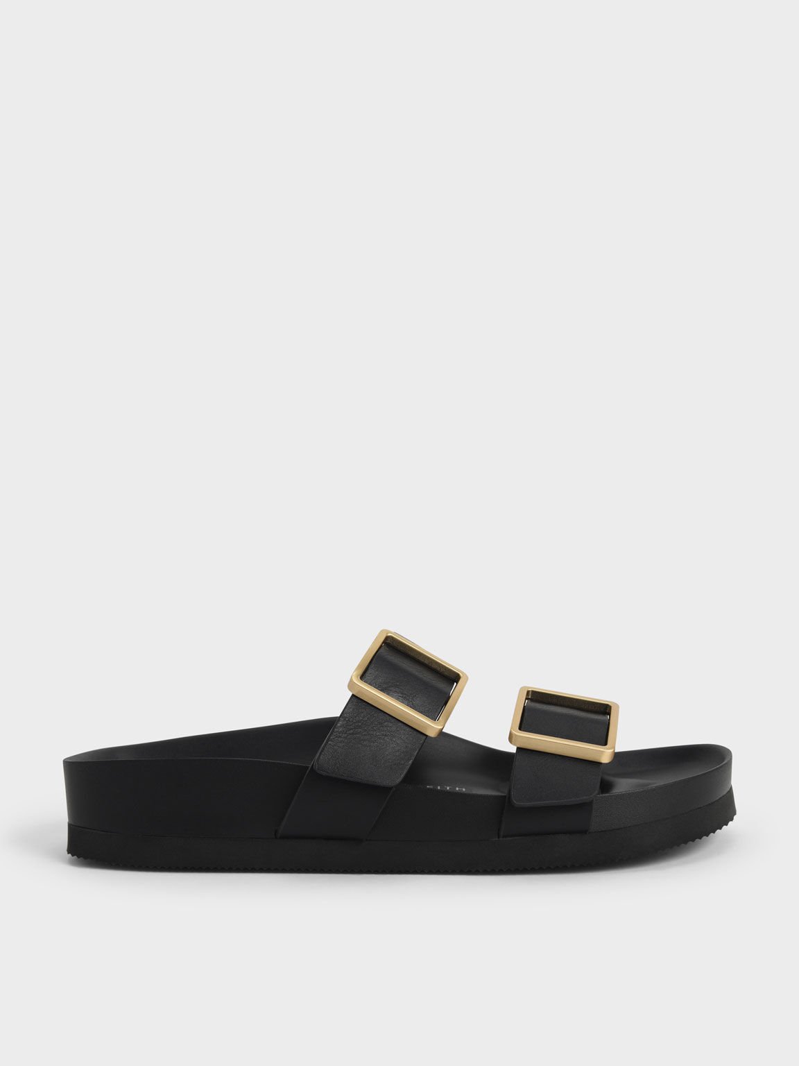 Buckle Strap Slide Sandals, Black, hi-res