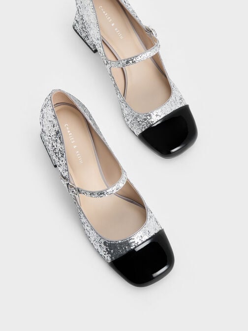 Patent Glittered Trapeze-Heel Mary Janes, Silver, hi-res