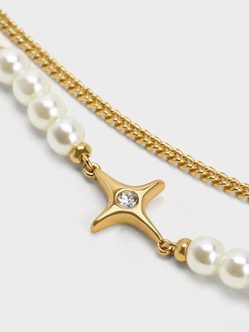Pulsera de doble cadena con detalles de estrellas y perlas, Dorado, hi-res