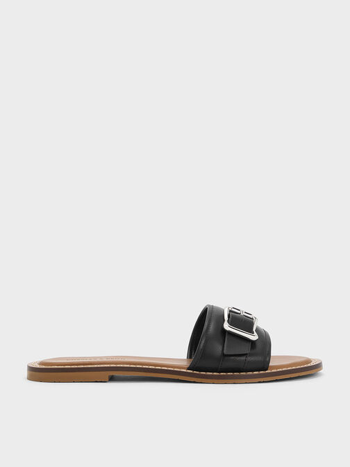 Buckled Slide Sandals, Black, hi-res