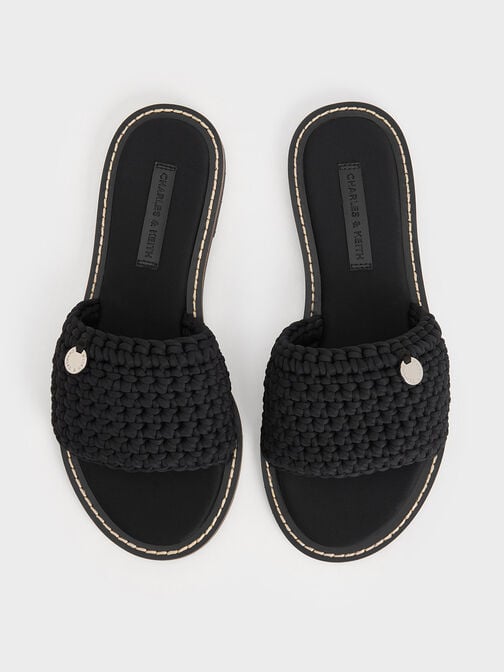 Woven Slide Sandals, Black Textured, hi-res