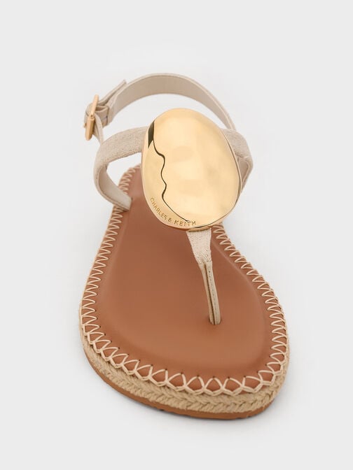 Linen Metallic Oval Espadrille Sandals, Beige, hi-res