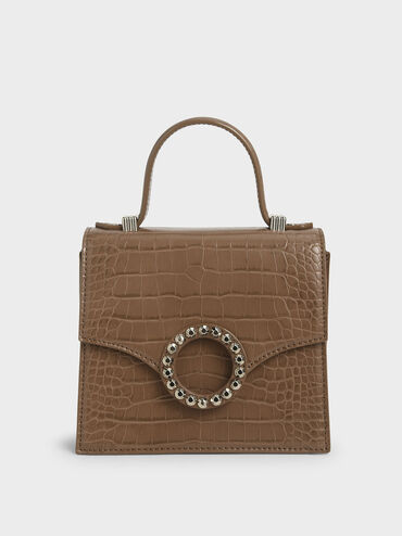 Croc-Effect Embellished-Buckle Bag, Brown, hi-res