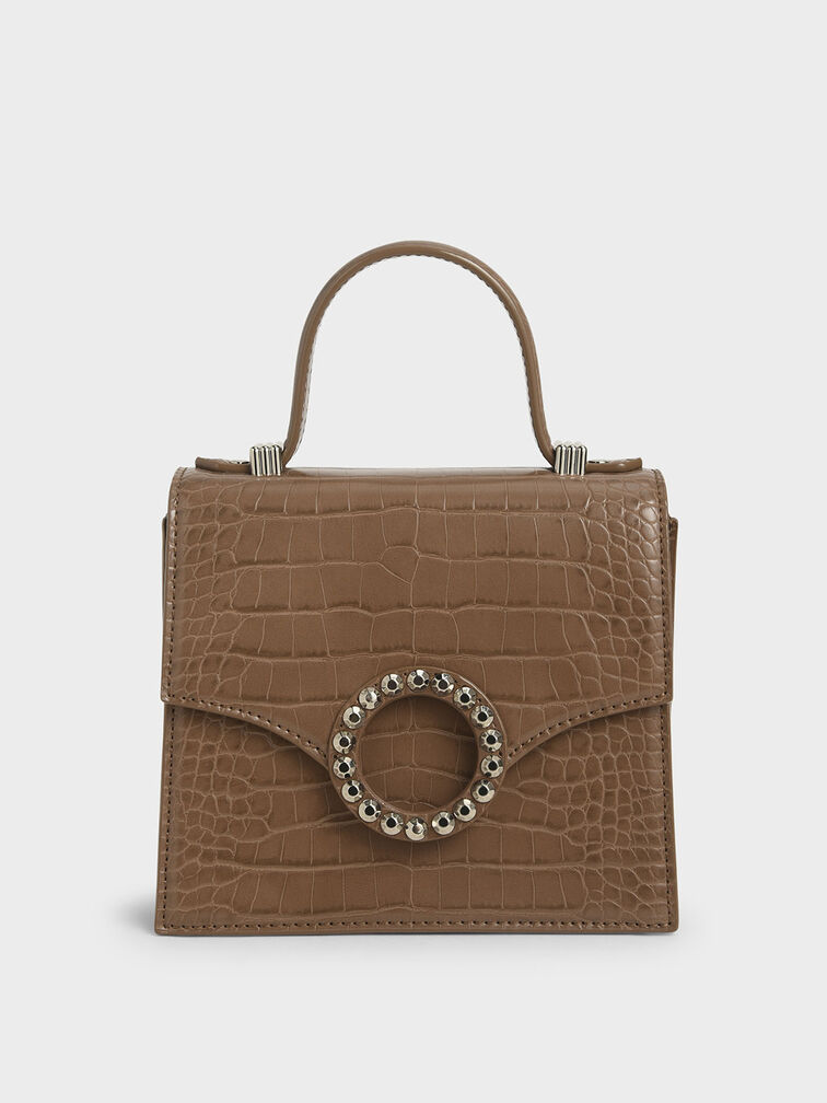 Croc-Effect Embellished-Buckle Bag, Brown, hi-res