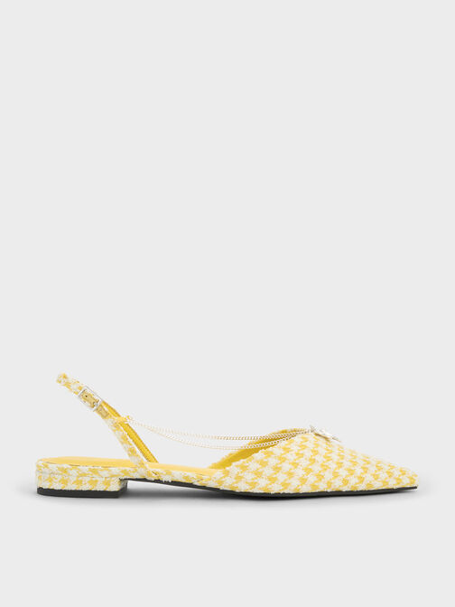 Zapatos planos destalonados estampado pata de gallo con cadena y detalle floral, Amarillo, hi-res