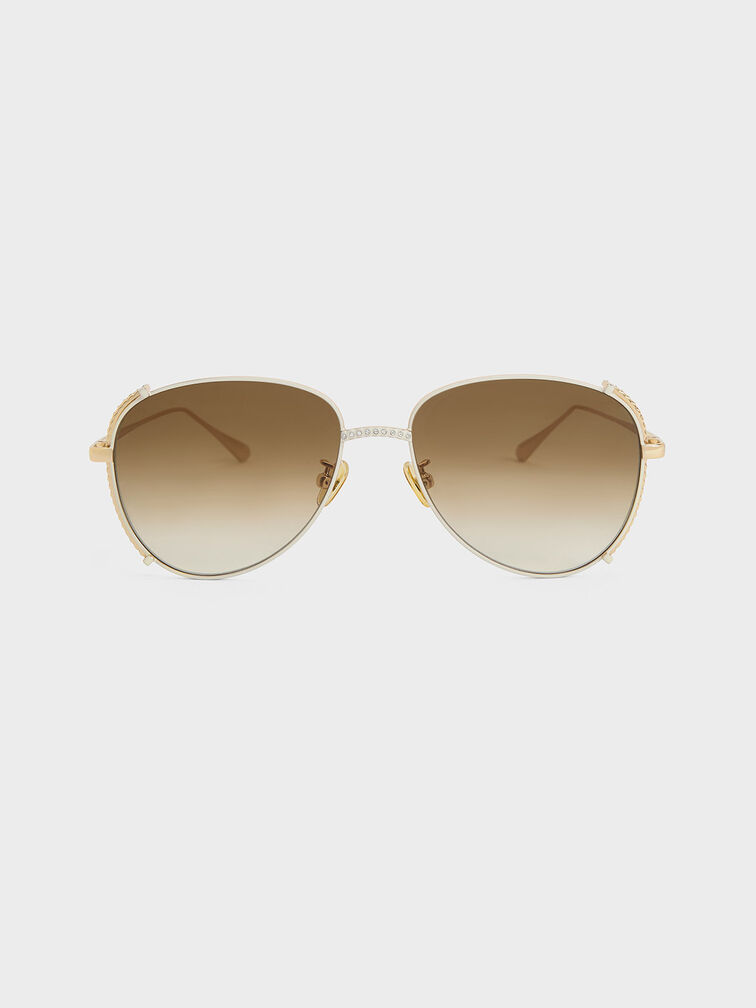 Gem-Embellished Wireframe Aviator Sunglasses, White, hi-res
