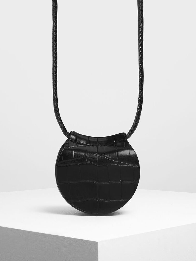 Croc-Effect Necklace Bag, Black, hi-res