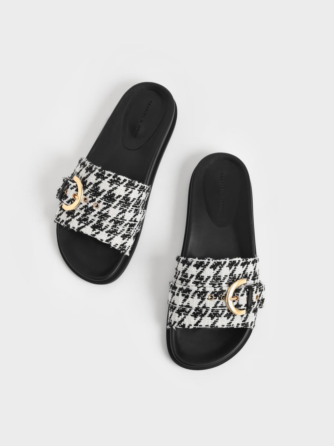 Houndstooth Studded Buckle Slide Sandals, Multi, hi-res