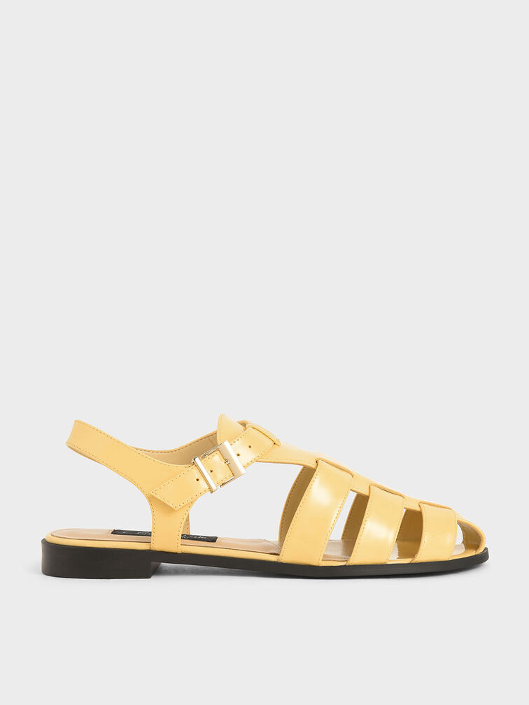Patent Leather Caged Sandals, Yellow, hi-res