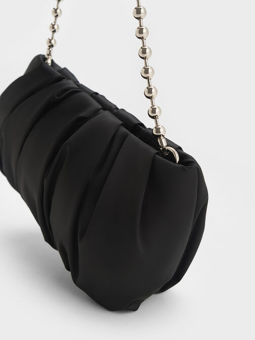 Satin Ruched Bead-Handle Bag, Noir, hi-res