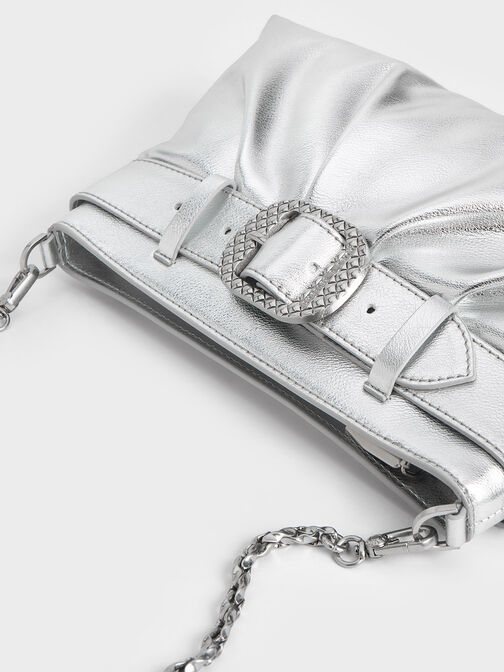 Avis Metallic Belted Ruched Shoulder Bag, Silver, hi-res