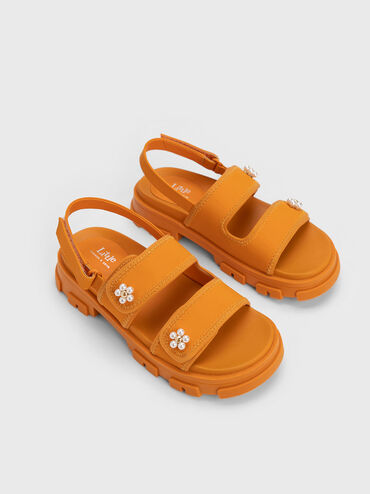 Sandales de sport vichy ornées de perles - Enfant, Orange, hi-res