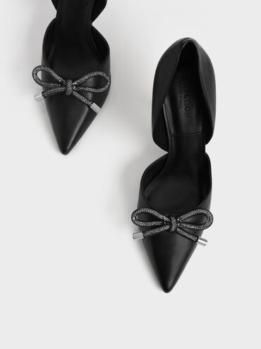 Zapatos de tacón D'Orsay con lazo y adorno de gemas, Negro, hi-res