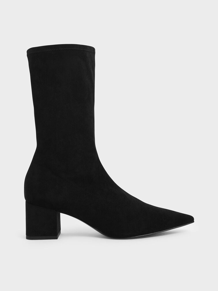 Textured Pointed Toe Calf Boots, Black, hi-res