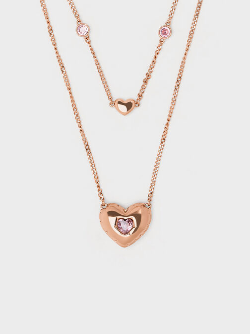 Bethania Heart Crystal Double Chain Necklace, Rose Gold, hi-res