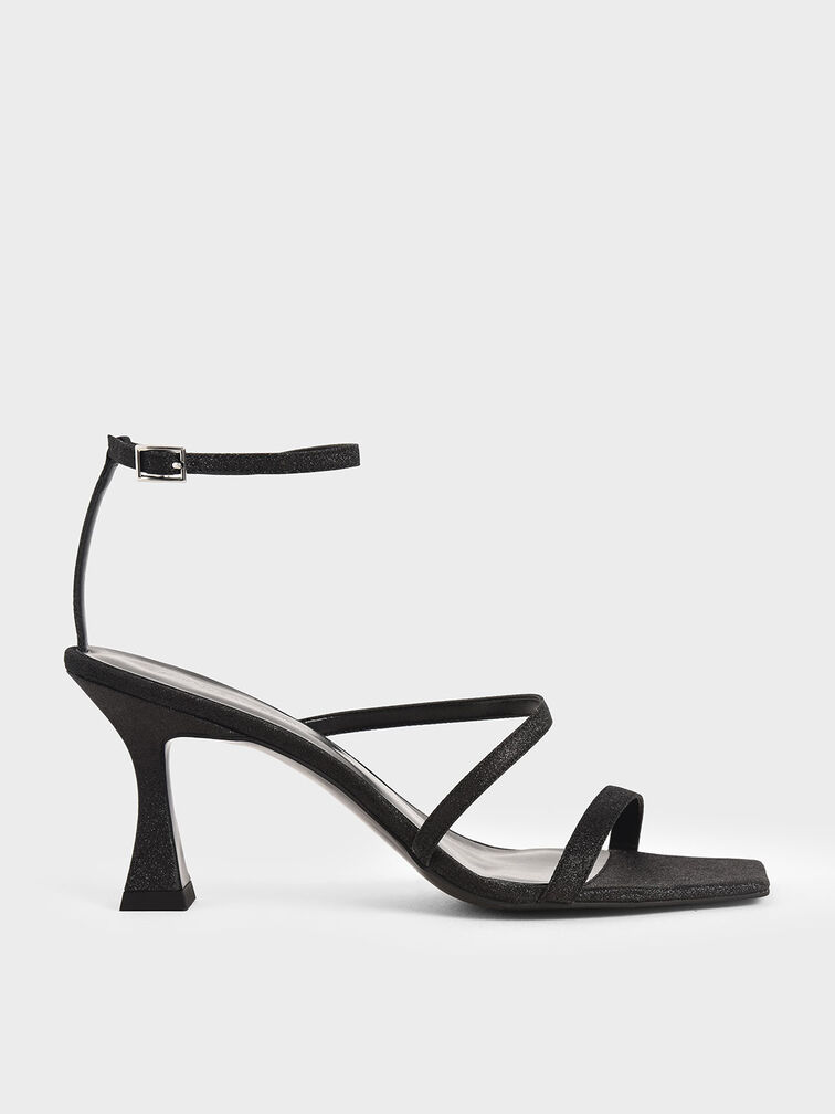 Glitter Sculptural Heel Sandals, Black, hi-res