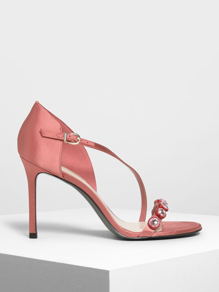 Embellished Strappy Heels, Coral Pink, hi-res
