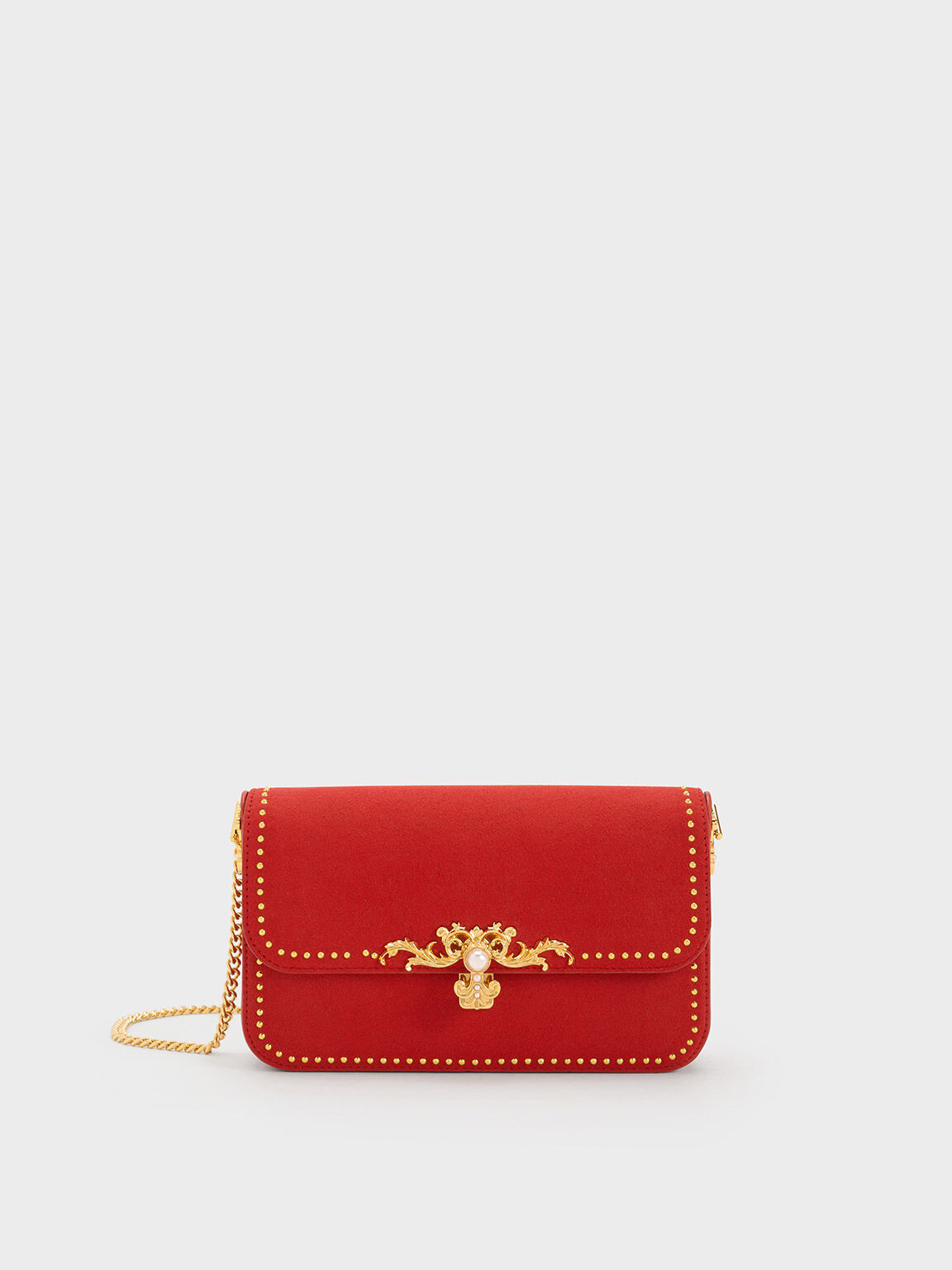 Merial Metallic Accent Studded Clutch, Red, hi-res