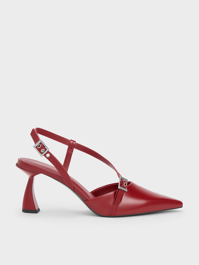 Zapatos destalonados con tacones curvos asimétricos, Rojo, hi-res