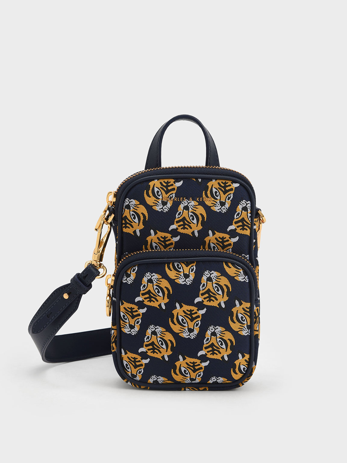 Tiger Print Jacquard Long Crossbody Bag, Navy, hi-res