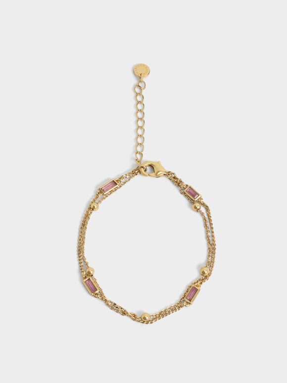 Crystal-Embellished Double Chain Bracelet, Fuchsia, hi-res